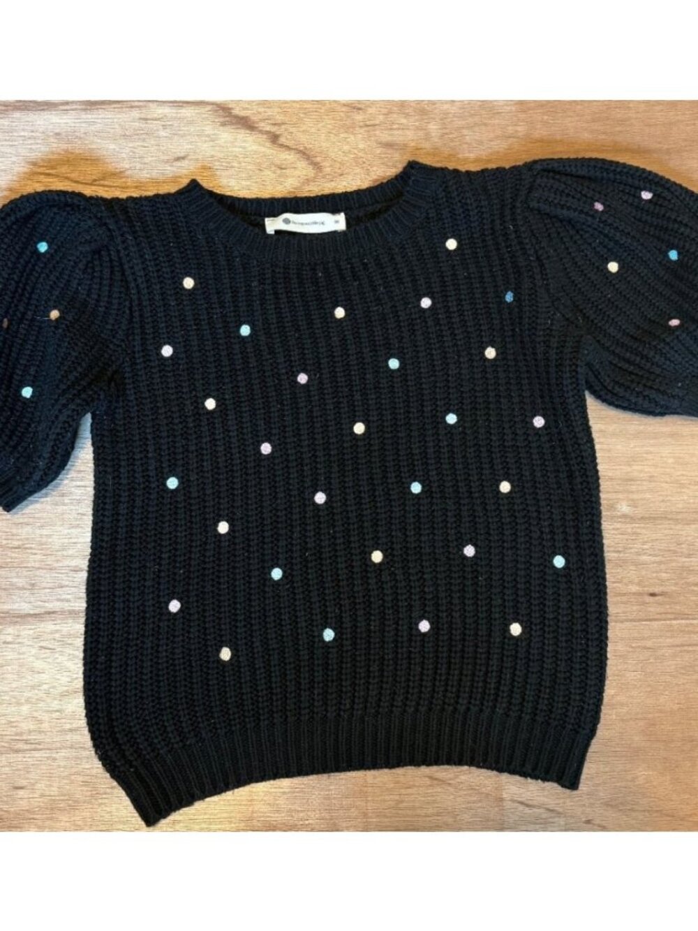 The Impeccable Pig Black Ribbed Knit Pearl Beaded Short Sleeve Sweater M
